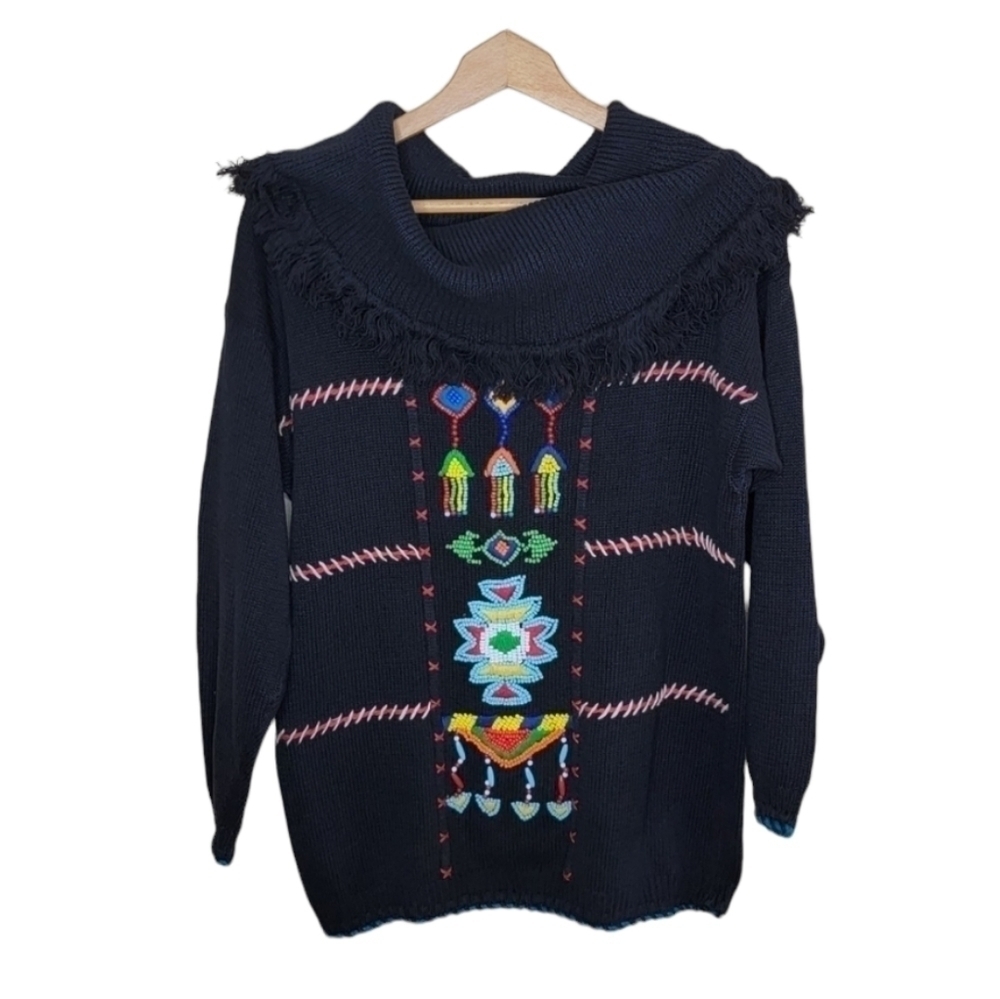 Vintage Victoria Jones | Tribal Beaded Sweater with Fringe Cowl Neck Size Medium